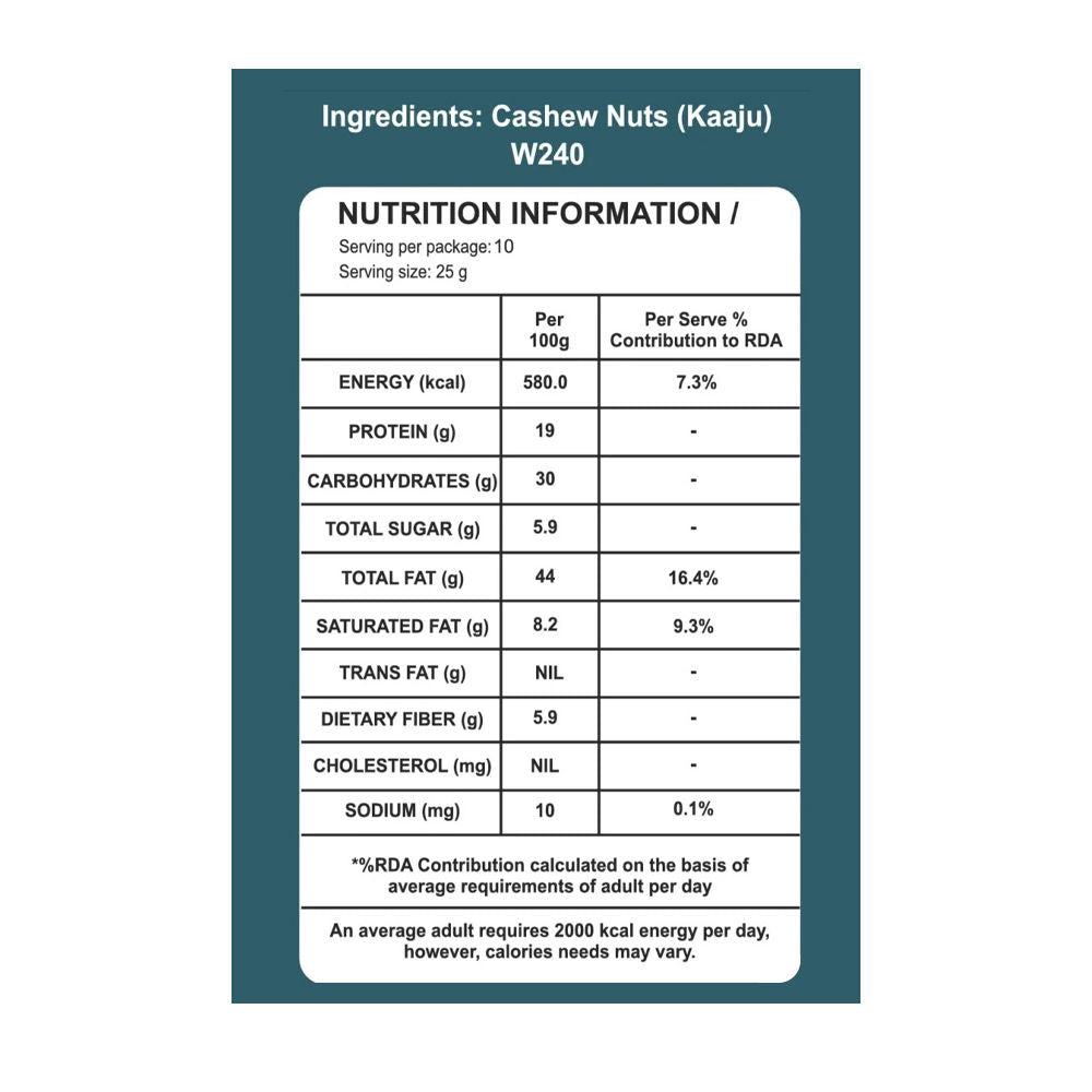 Whole Raw Cashew/Kaju Classic – W210 (NON BROKEN) 250gm